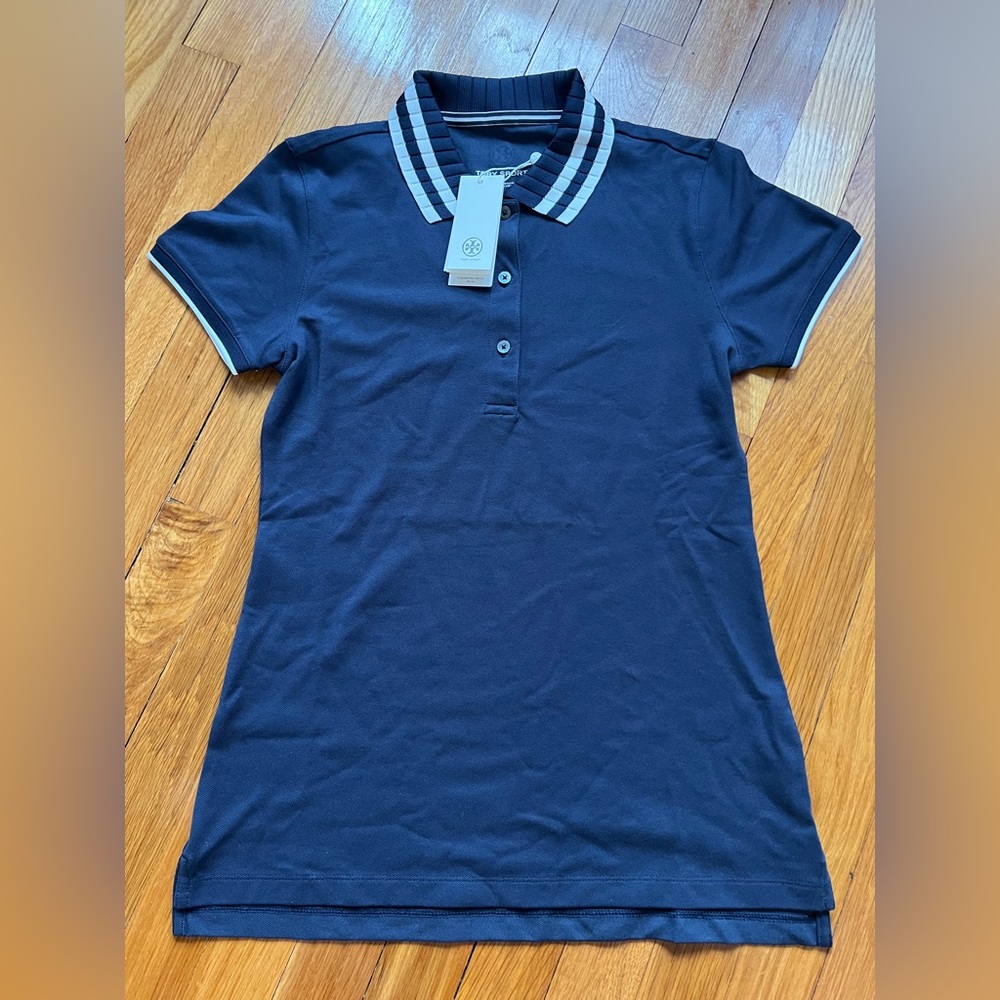 TORY BURCH PERFORMANCE PIQUE PLEATED-COLLAR POLO IN NAVY BLUE SIZE: XS,S,L,XL